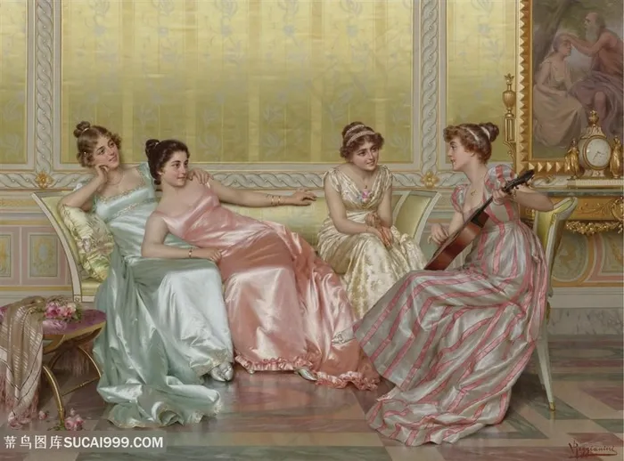 欧洲宫廷贵妇吉他客厅交流油画