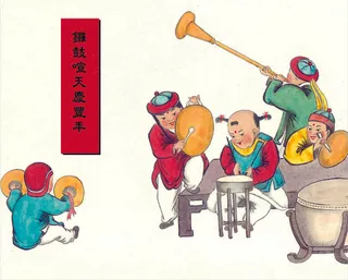 中国传统元素春节-手绘一群古代小孩敲锣打鼓