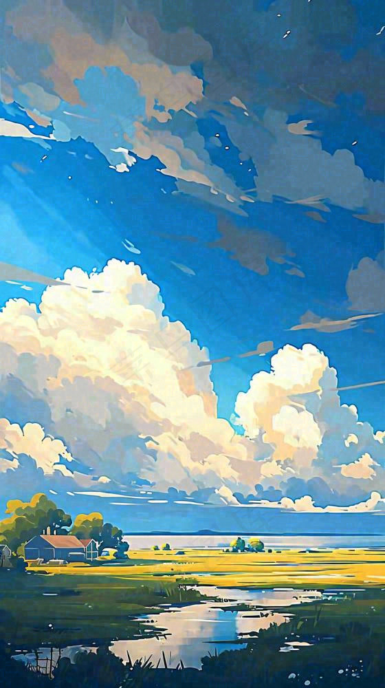 大自然湖面小溪草坪村庄蓝天白云，春天清新阳光(816x1456)