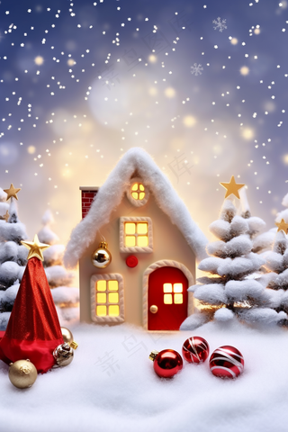 圣诞装饰白雪小房子节日摆件摄影图