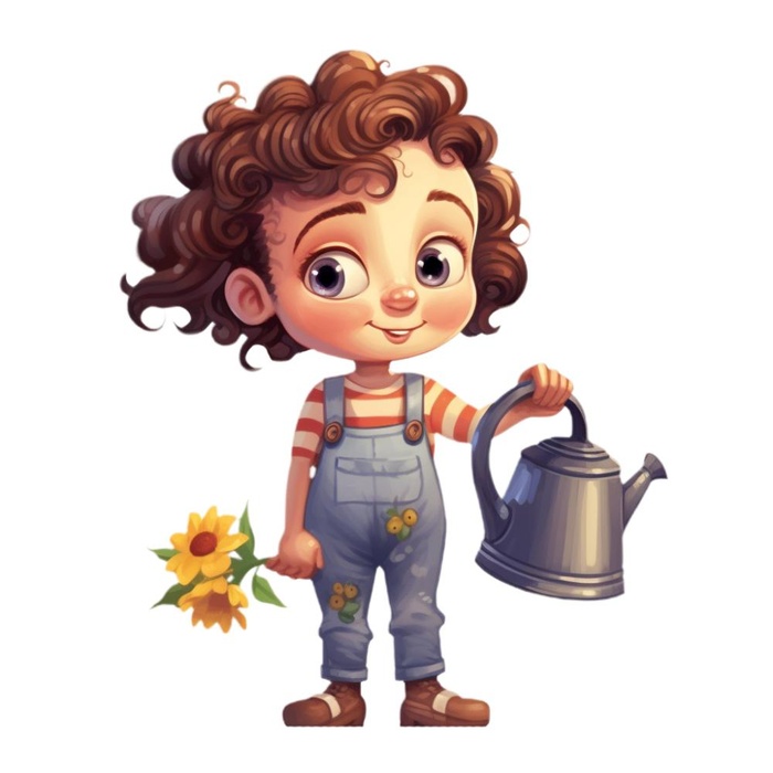 小女孩拿着水壶浇水绿植草人物插画免抠