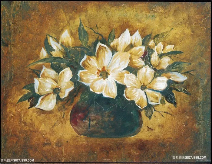 唯美花卉复古花瓶油画