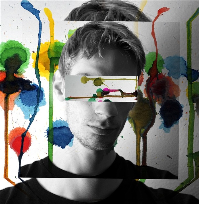 色彩背景下遮住眼睛的国外男人