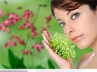 美容美肤和SPA素材 手捧菊花的国外性感美女