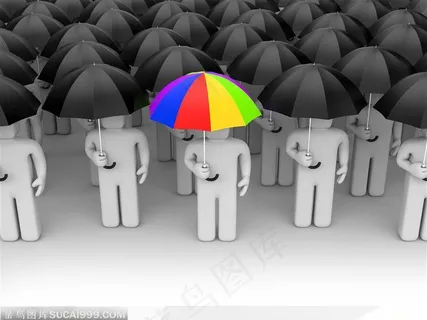 一堆撑起黑色雨伞里撑起彩色雨伞的小人
