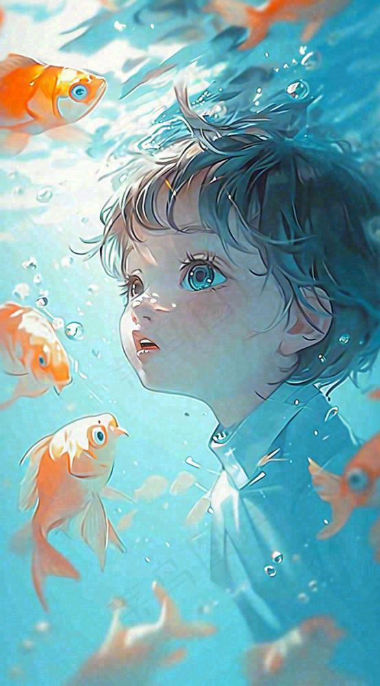 夏天泳池游泳少年儿童手绘插画，夏至小暑(816x1472)