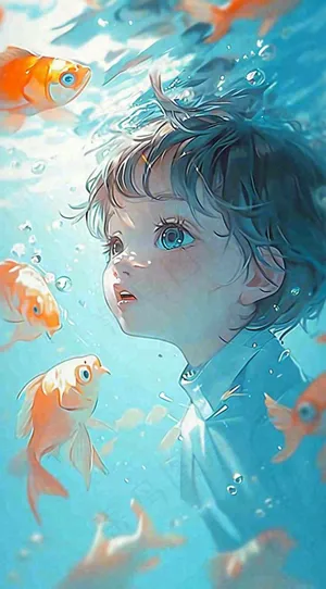 夏天泳池游泳少年儿童手绘插画，夏至小暑