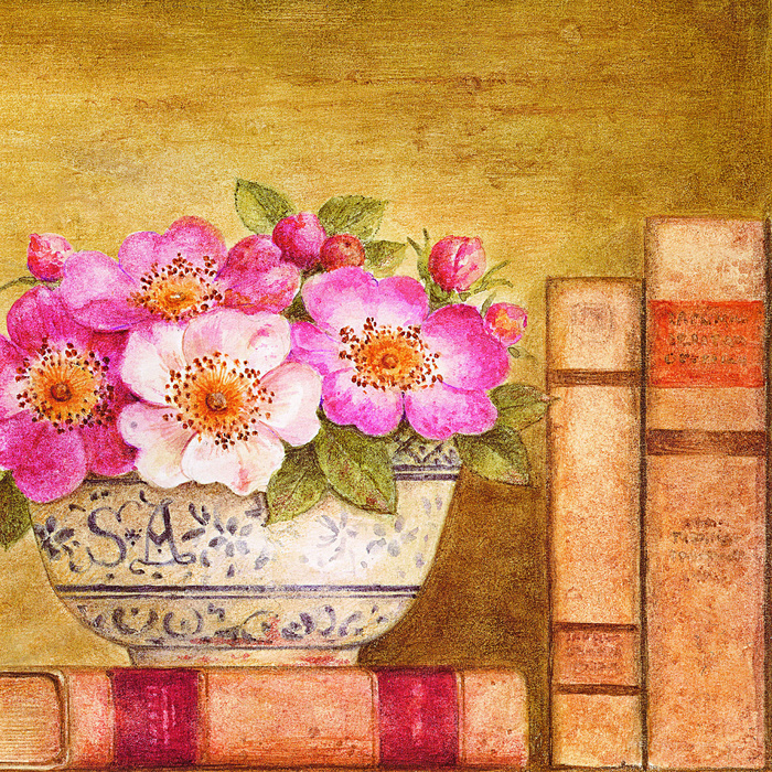 唯美粉色花卉花瓶书插画