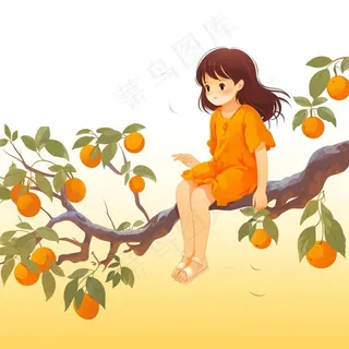 女孩少女坐着橘子树上可爱卡通插画素材背景