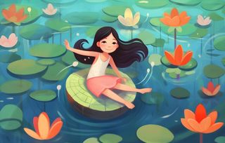 在睡莲池塘里玩耍的女孩插画背景