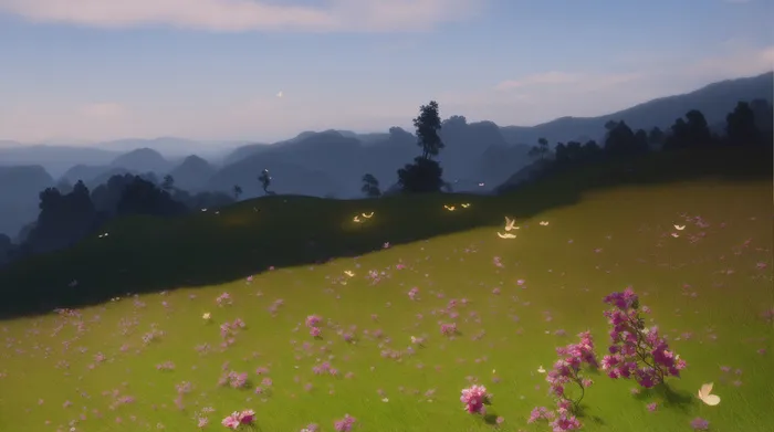 大气写意色块风景插画壁纸背景-草坪、山脉、花朵与蝴蝶
