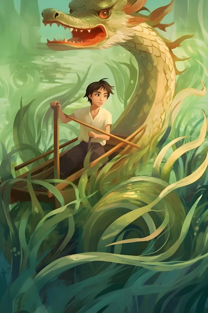 男孩子划龙船芦苇水草背景(2000x3000)
