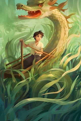 男孩子划龙船芦苇水草背景