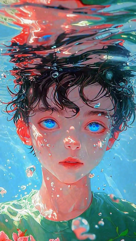 夏天少年男孩海底游泳水面，夏至小暑儿童节(816x1440)