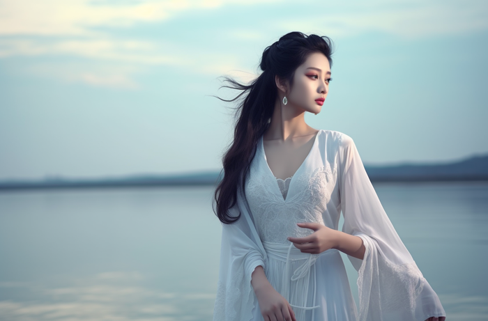 一个美女穿着一件漂亮的白色连衣裙在海边的拍照摄影图(4080x2688)