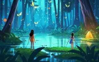 夜晚森林萤火虫蝴蝶插画背景