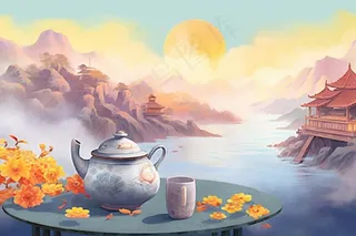 秋季山水赏菊泡茶重阳节插画素材