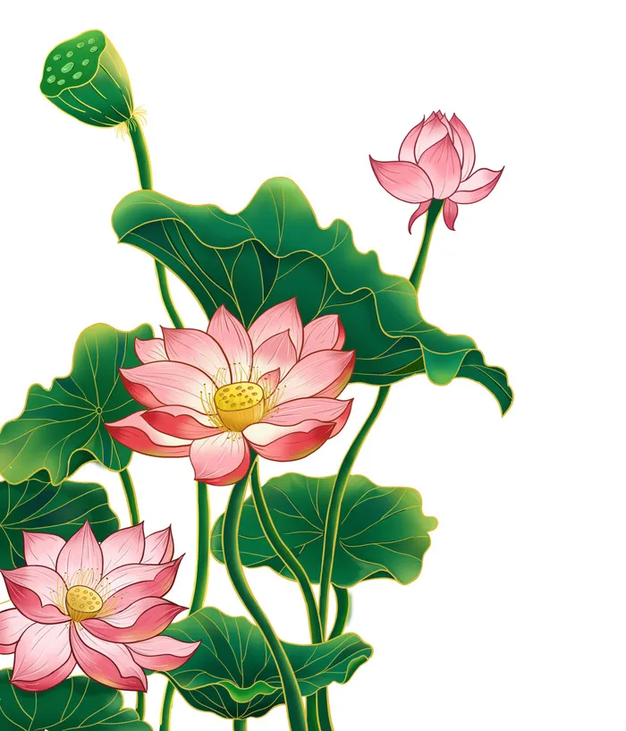 国潮中国风手绘荷花莲花荷叶莲藕植物花卉装饰插画PSD设计素材