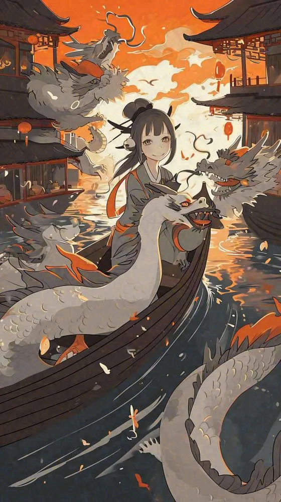 古风恐怖怪兽龙河面灯笼建筑插画，暗黑(816x1456)