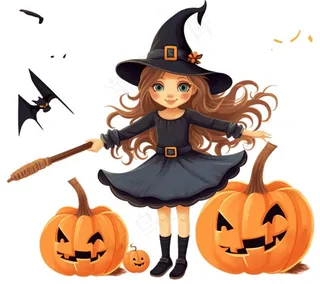 万圣节女巫蝙蝠南瓜卡通插画免抠