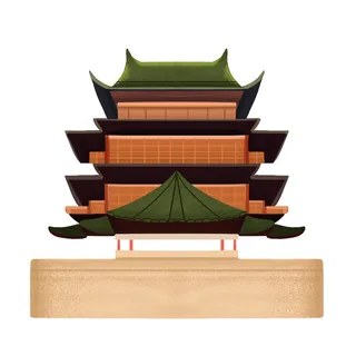 复古中国风国潮古建筑插画手绘高楼古塔PSD素材亭子png免抠图