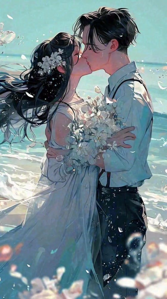 海边阳光沙滩情侣婚纱照爱情甜蜜情人节手绘插画(816x1456)