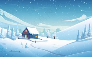冬天乡村雪地里的房子雪景白雪卡通插画背景