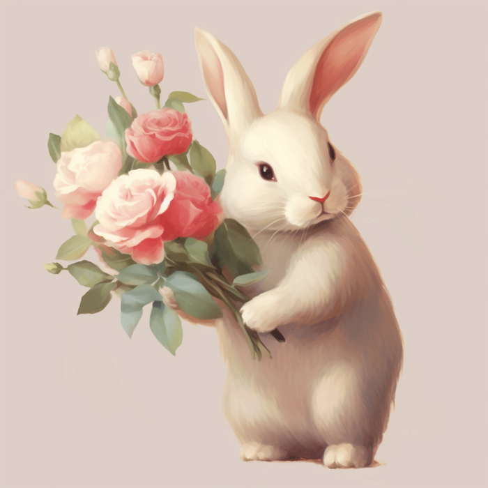 小白兔子拿着一束花卡通插画