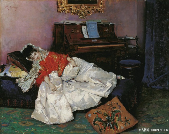躺床上的妇人油画图片