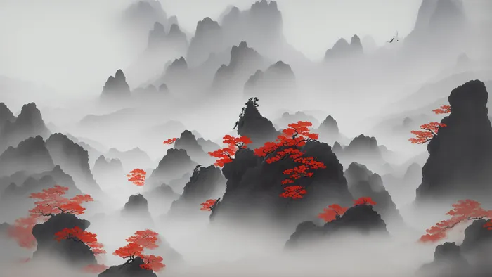 大气写意中国传统水墨画山水插画壁纸-红妆