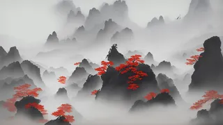 大气写意中国传统水墨画山水插画壁纸-红妆