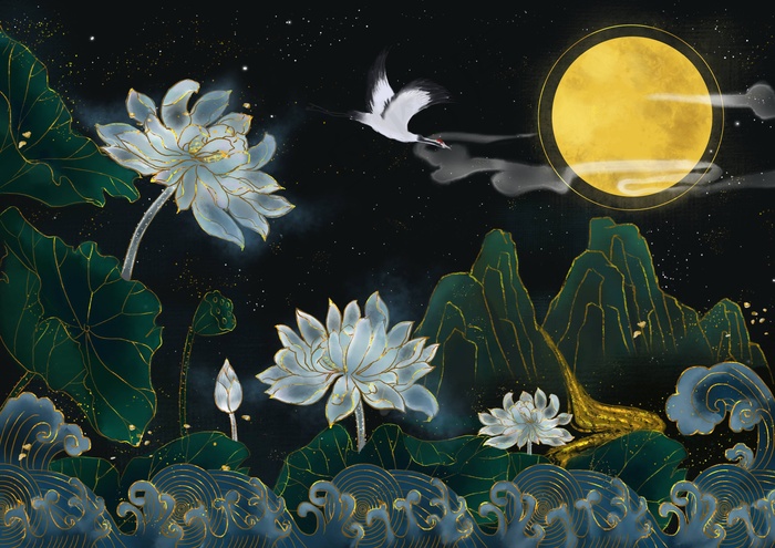 国潮鎏金复古烫金国风孔雀仙鹤装饰画素材PSD