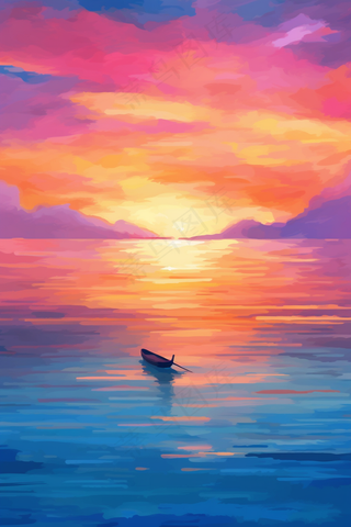 海洋日出日落晚霞夕阳行驶的帆船插画背景