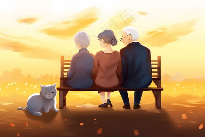夕阳下老人们做长椅上猫咪重阳插画素材背景 (x)