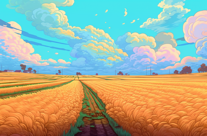 五彩斑斓的云彩，金黄色稻田插画背景