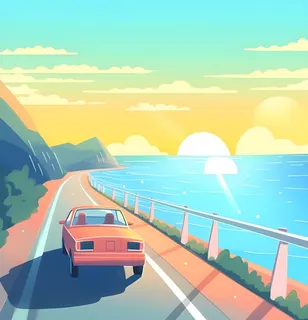 开车旅行海边公路天空云朵插画背景