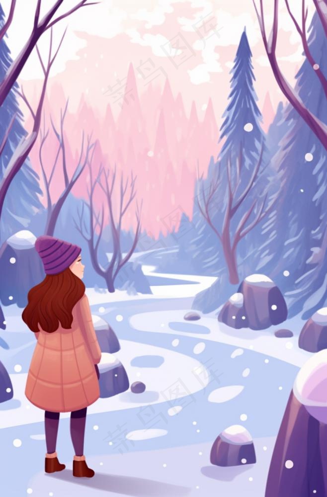 冬天下雪女孩走在森林的道路白雪紫粉色卡通插画背景(896x1360)