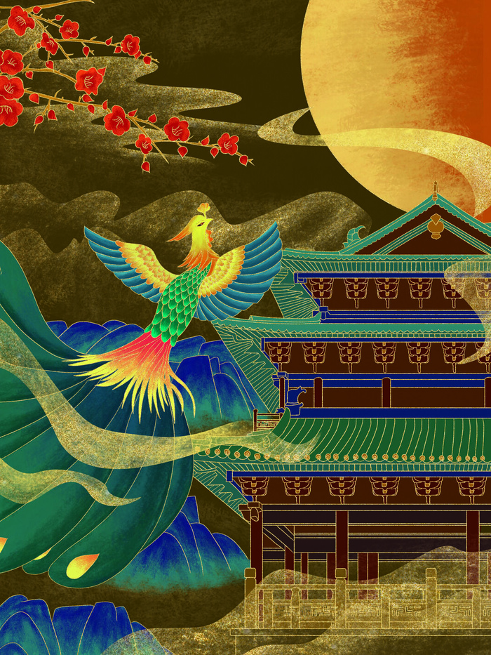 复古中国风国潮手绘烫金仙鹤锦鲤凤凰建筑黑金线描插画PS设计素材