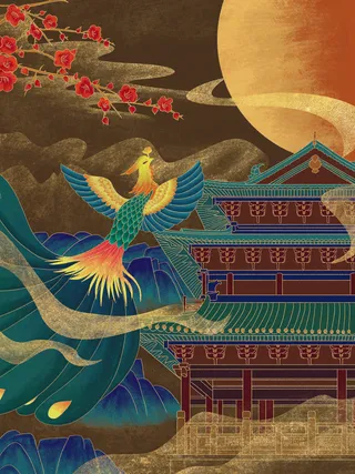 复古中国风国潮手绘烫金仙鹤锦鲤凤凰建筑黑金线描插画PS设计素材