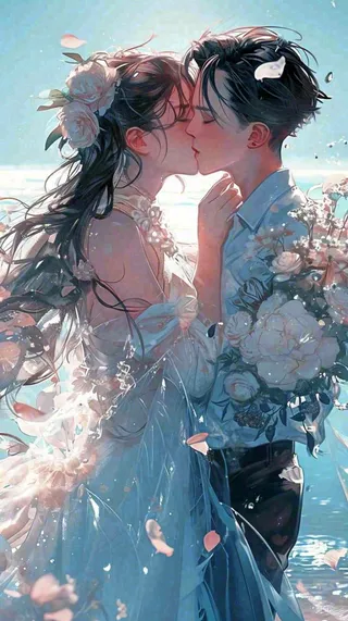 海边阳光沙滩情侣婚纱照爱情甜蜜情人节手绘插画