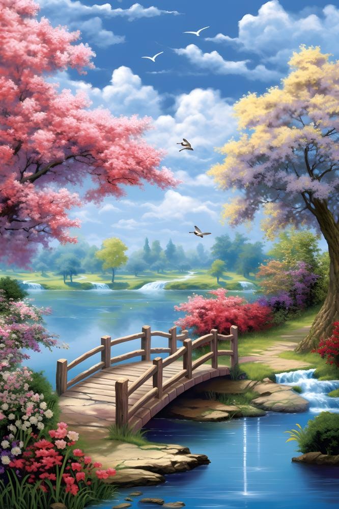 蓝天森林小桥花朵背景