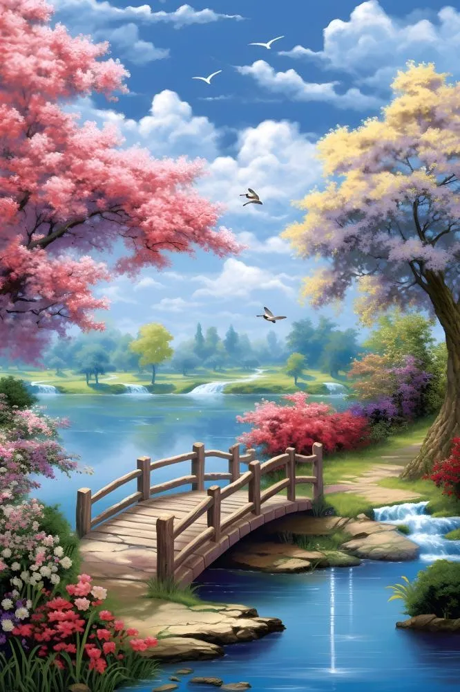 蓝天森林小桥花朵背景(2400x3600)