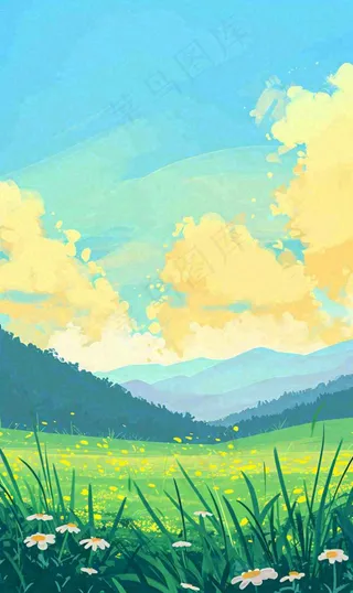 蓝天白云草地山脉插画手绘