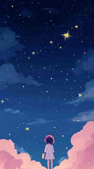 闪烁夜晚浪漫少女仰望星空粉紫色，银河月亮