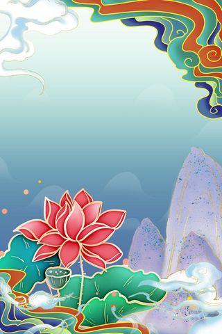国潮夏天荷花荷叶手绘插画中国风山水墨海报背景PSD设计素材