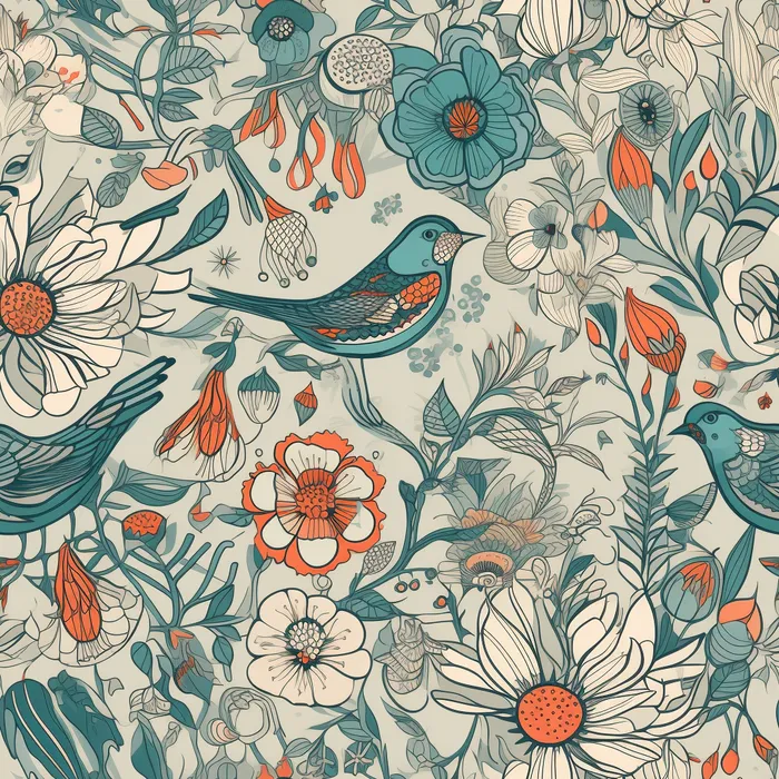 花鸟图，插画风格，无缝贴图，素材
