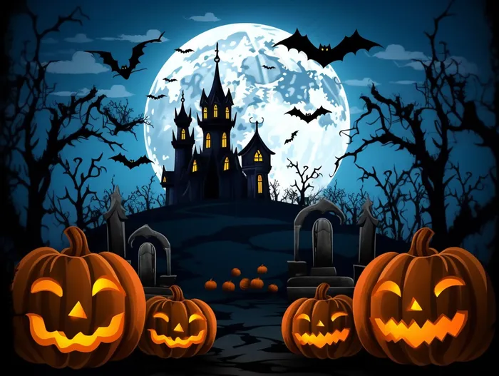 万圣节南瓜蝙蝠城堡恐怖夜晚插画背景(3696x2784)