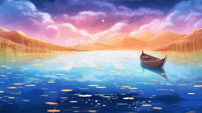 天空之境木船在湖泊中水域天空一色插画水彩(4368x2448)