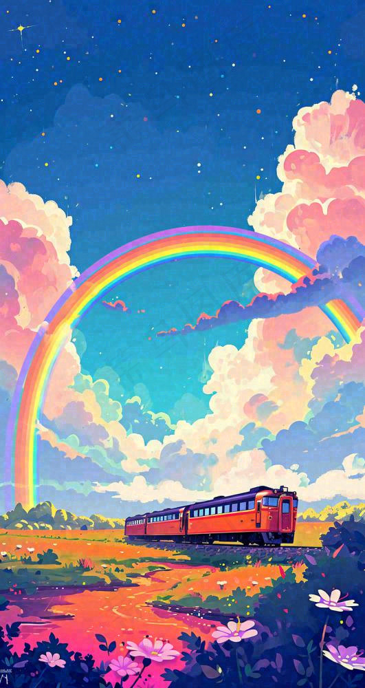 彩色绚丽彩虹蓝天白云铁路火车动车手绘插画