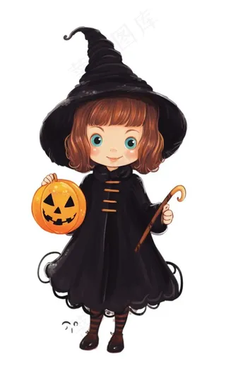 黑色女巫手拿南瓜灯万圣节卡通插画免抠